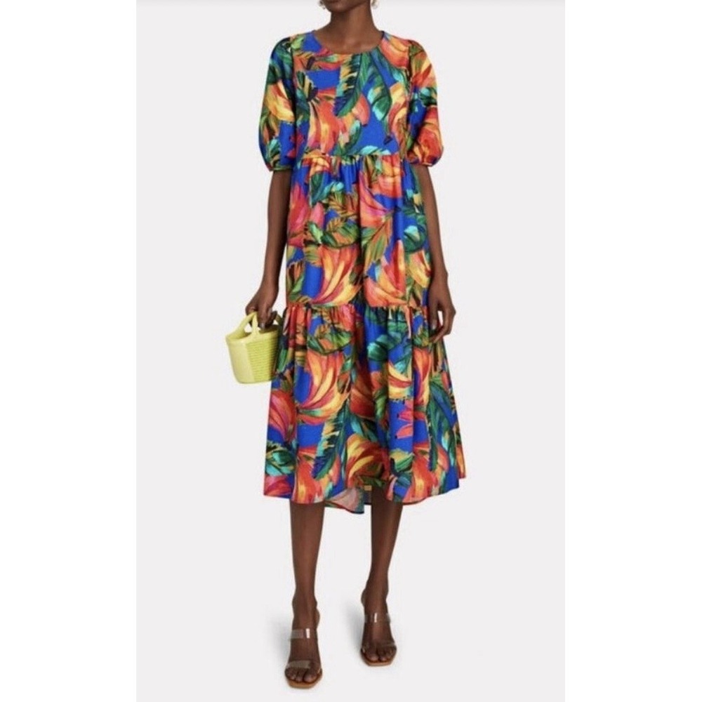 Farm Rio Blue Banana Mix Puff Sleeve Tiered Cotton Midi Dress Size Medium EUC